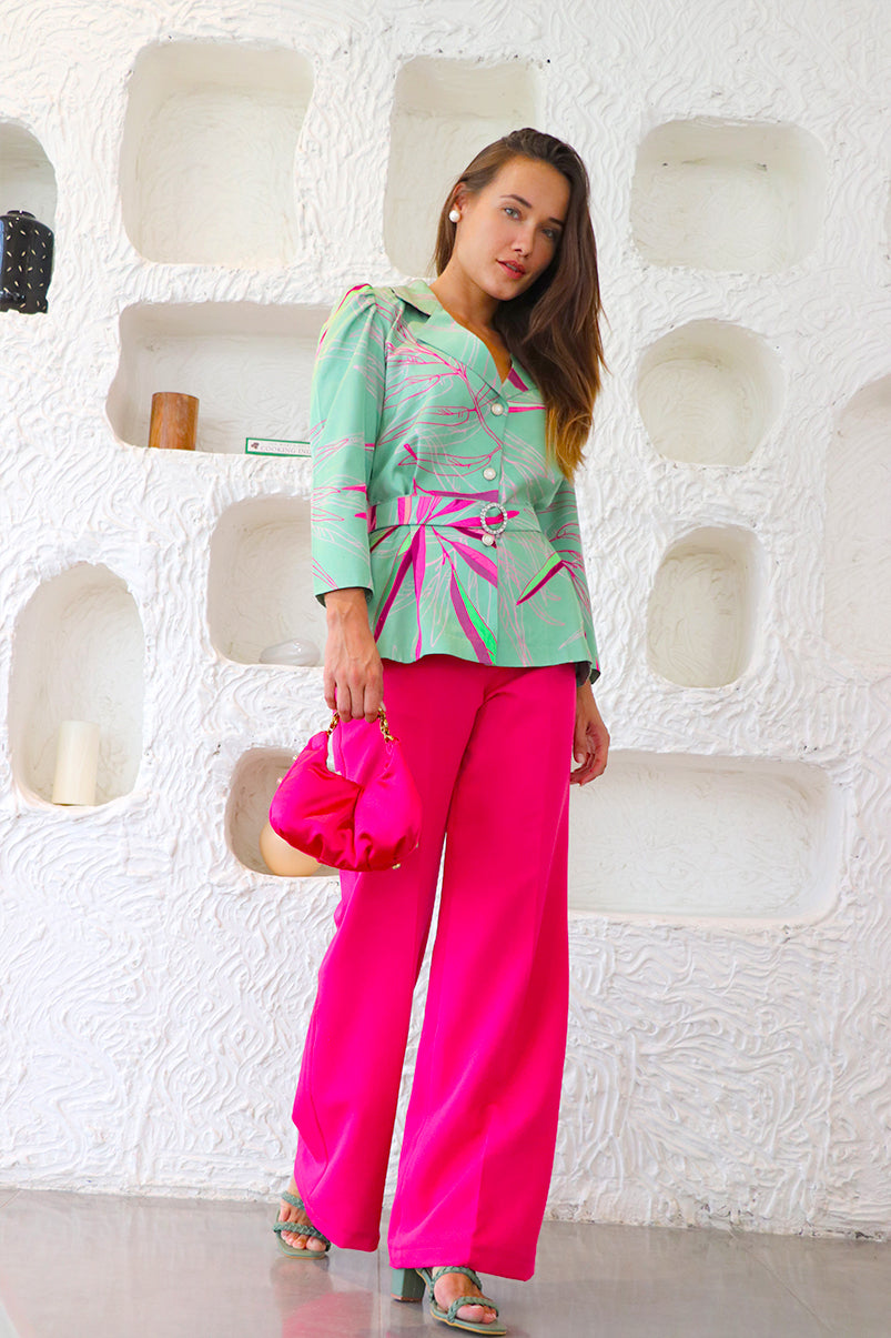 Sage green cotton satin collar-neck jacket paired with hot pink banana crepe pants.