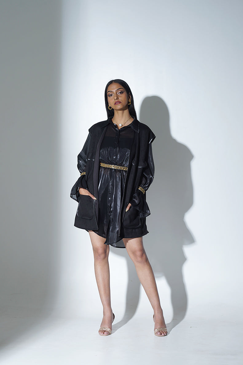 Akii Shirt Dress with Volume Sleeves and Hand-Embroidered Detailing,Full Body Shot.